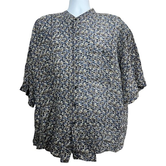 Vtg 90s Utopia Silk Shirt Button Up Men XL Abstract Print AOP Mandarin Collar - Picture 1 of 8